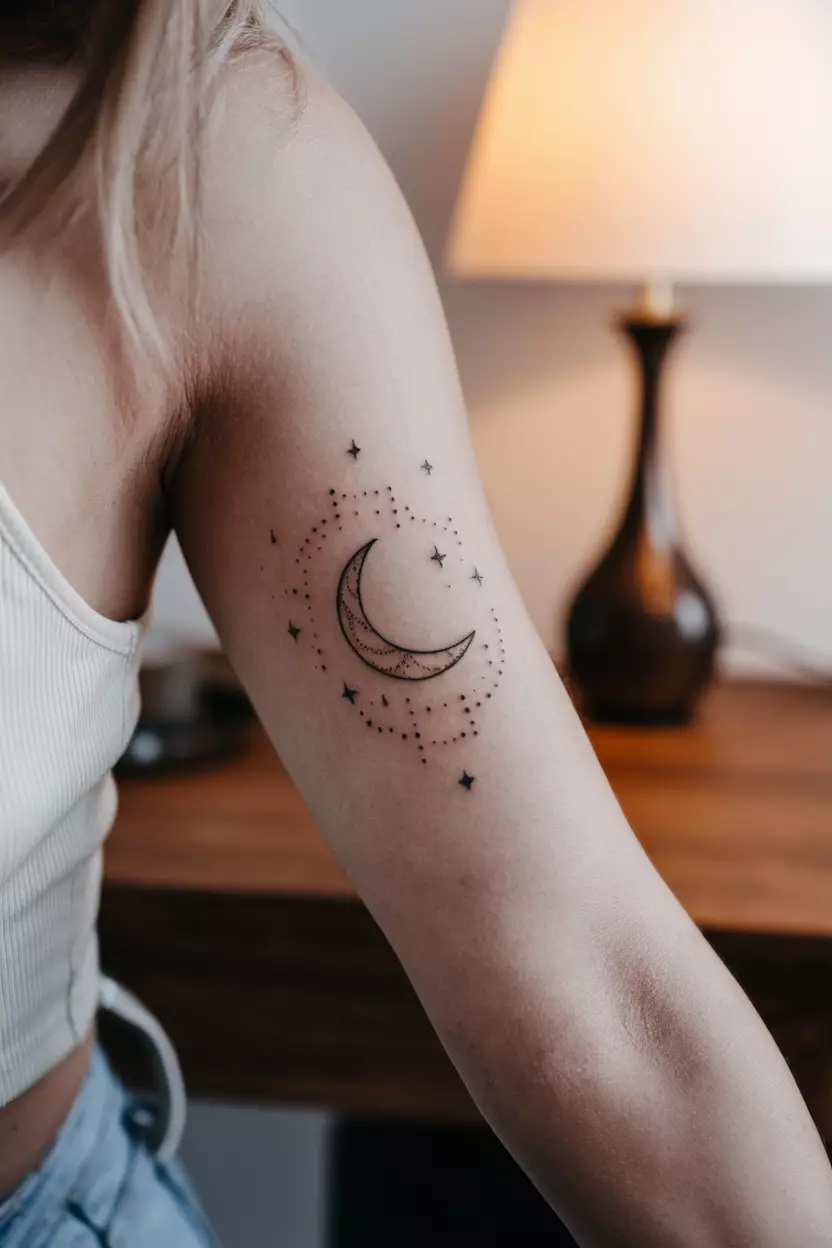 Crescent Moon with Stars A close-up photo of a woman showing her delicate crescent moon tattoo with tiny stars scattered around it, tattoo design, living room background