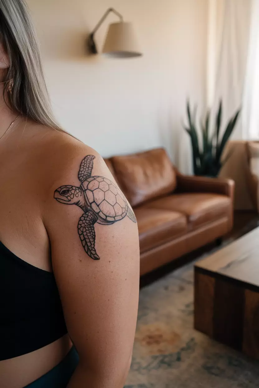 Ocean Scene with Turtle on Upper Arm A close-up photo of a woman showing her upper arm tattoo with a swimming sea turtle, living room background.