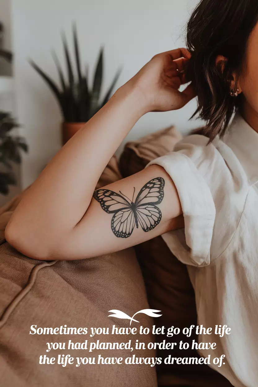Black Butterfly with Quote A close-up photo of a woman showing her black butterfly tattoo accompanied by an inspiring quote that reflects personal growth and transformation, tattoo design, living room background