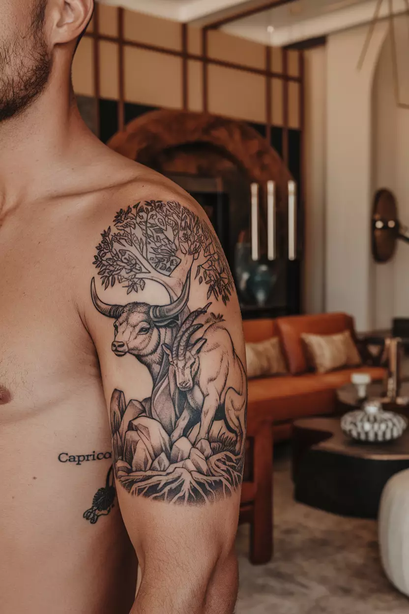 Taurus And Capricorn Tattoo A close-up photo of a man showing his detailed tattoo representing both Taurus and Capricorn on his upper arm, showcasing their shared earth element in front of an elegant living room adorned with earthy tones and sophisticated decor items.