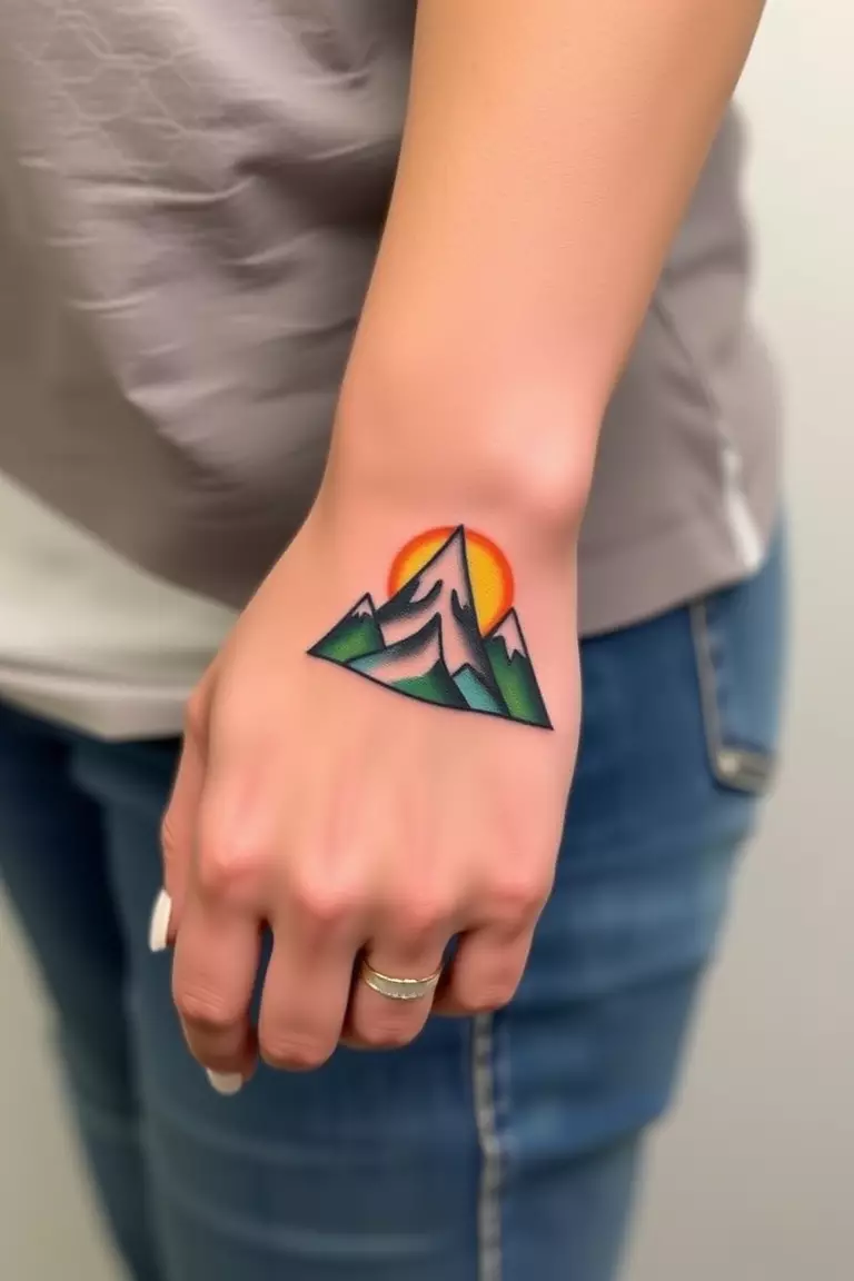 Mountain Wrist Tattoo A photo of a woman with a mountain tattoo on her wrist, designed in a colorful and whimsical style.