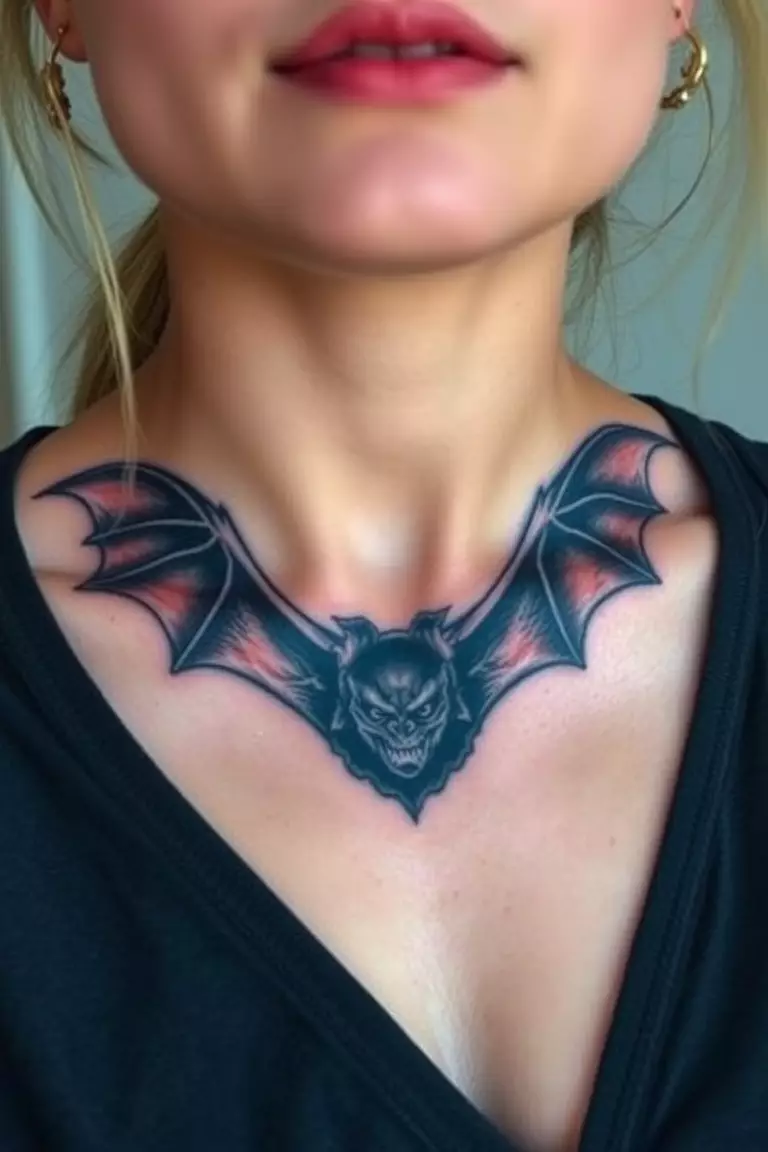Realistic Fierce-Looking Bat Tattoo Around the Neck A close-up photo of a woman showing her realistic fierce-looking bat tattoo around her neck.