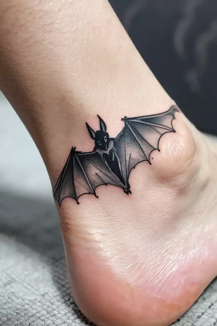 Classic Black and Gray Dotwork Bat Tattoo A close-up photo of a woman showing her classic black and gray dotwork bat tattoo, delicately inked on her ankle.