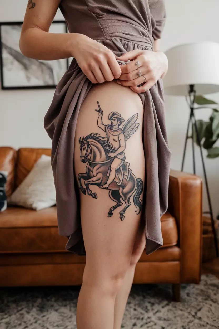 Amazing Black And Gray Napoleon Riding A Pegasus Horse Tattoo A photo of a woman with Napoleon riding a Pegasus horse tattoo, living room background.