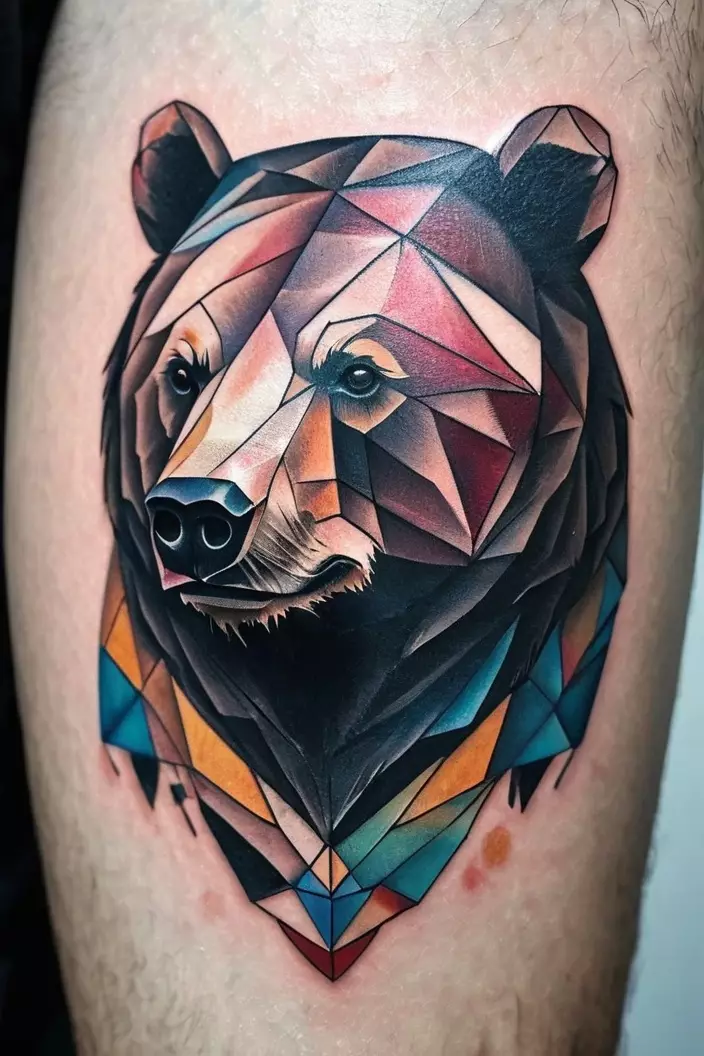 Geometric Bear Tattoo A close-up photo of a man showing his geometric bear tattoo, featuring a powerful bear designed with an array of geometric facets and angles.