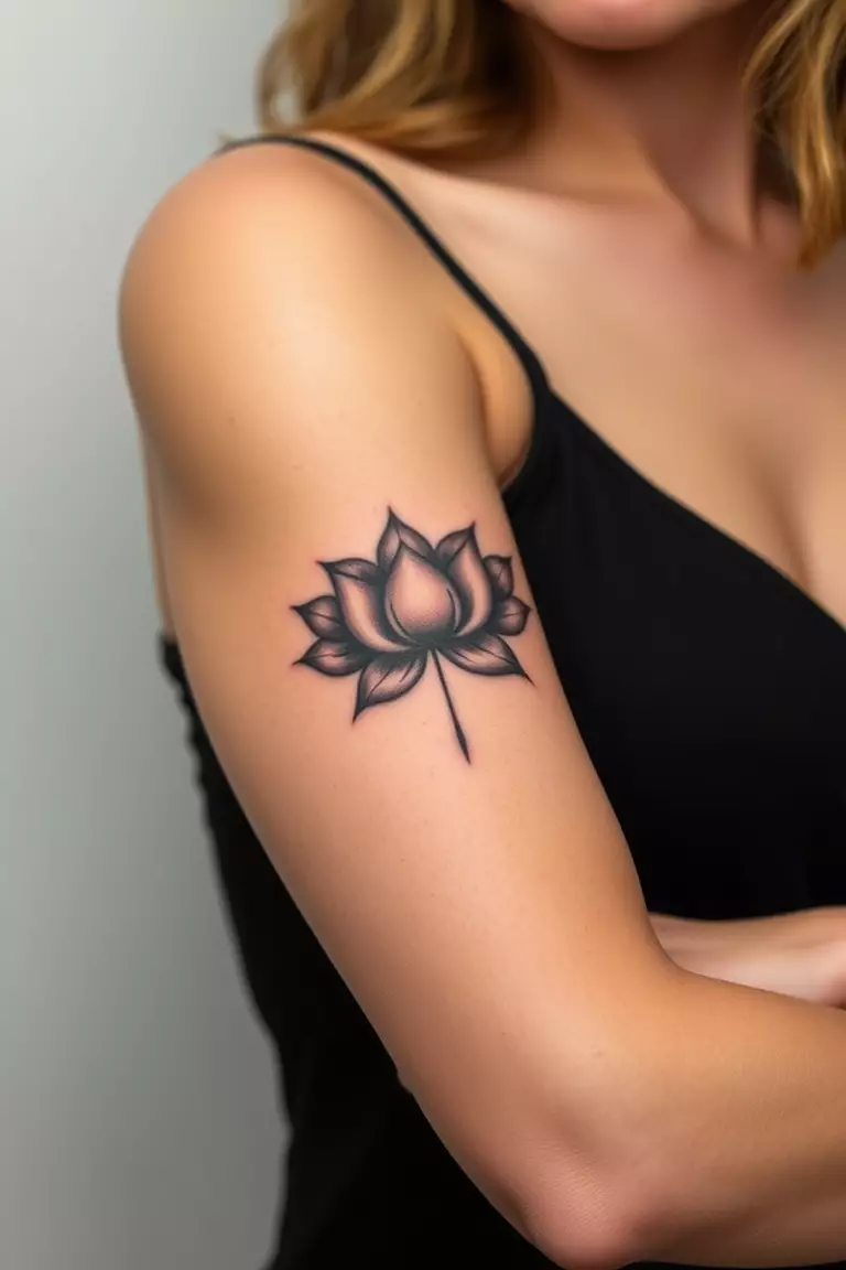Shaded Lotus Flower A close-up photo of a woman showing her shaded lotus flower arm tattoo design.