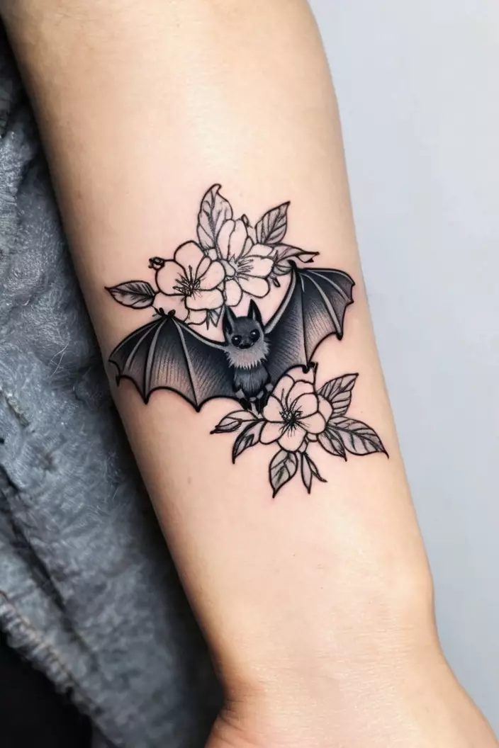 Cute Black and Gray Bat Tattoo With Flowers A close-up photo of a woman showing her cute black and gray bat tattoo with flowers, delicately designed on her wrist.