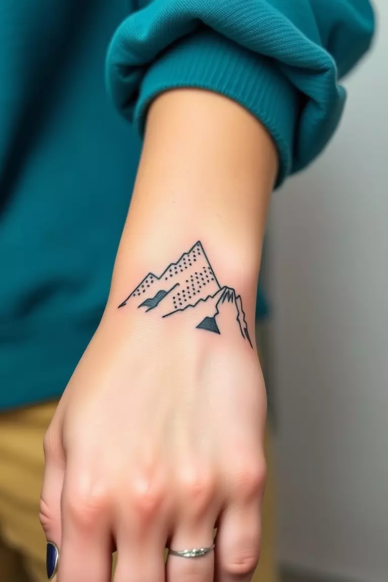 Mountain Tattoo in Dot Art Style A photo of a woman with a mountain tattoo in dot art style on her wrist, highlighting intricate dot patterns.