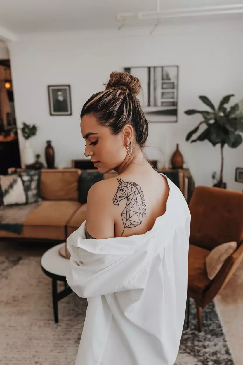 Geometric Knight Chess Piece Horse Tattoo A photo of a woman with a geometric knight chess piece horse tattoo, living room background.