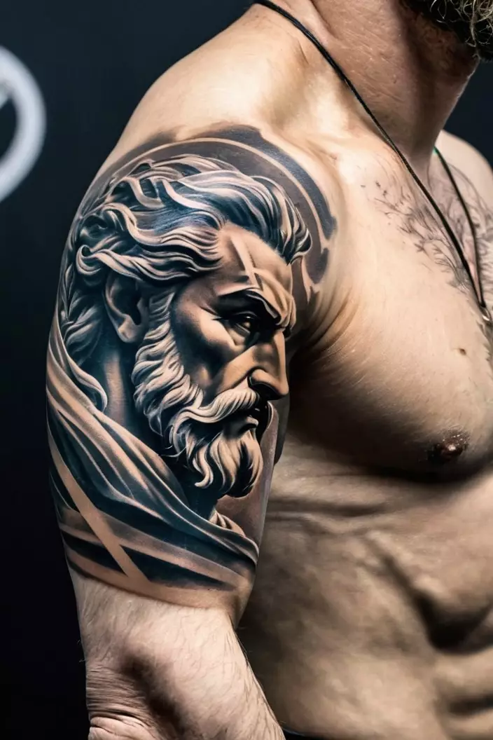 Thunderous Zeus Arm Tattoo For Men A close-up photo of a man showing his thunderous Zeus arm tattoo for men, presenting dynamic energy and powerful imagery of Zeus in motion.