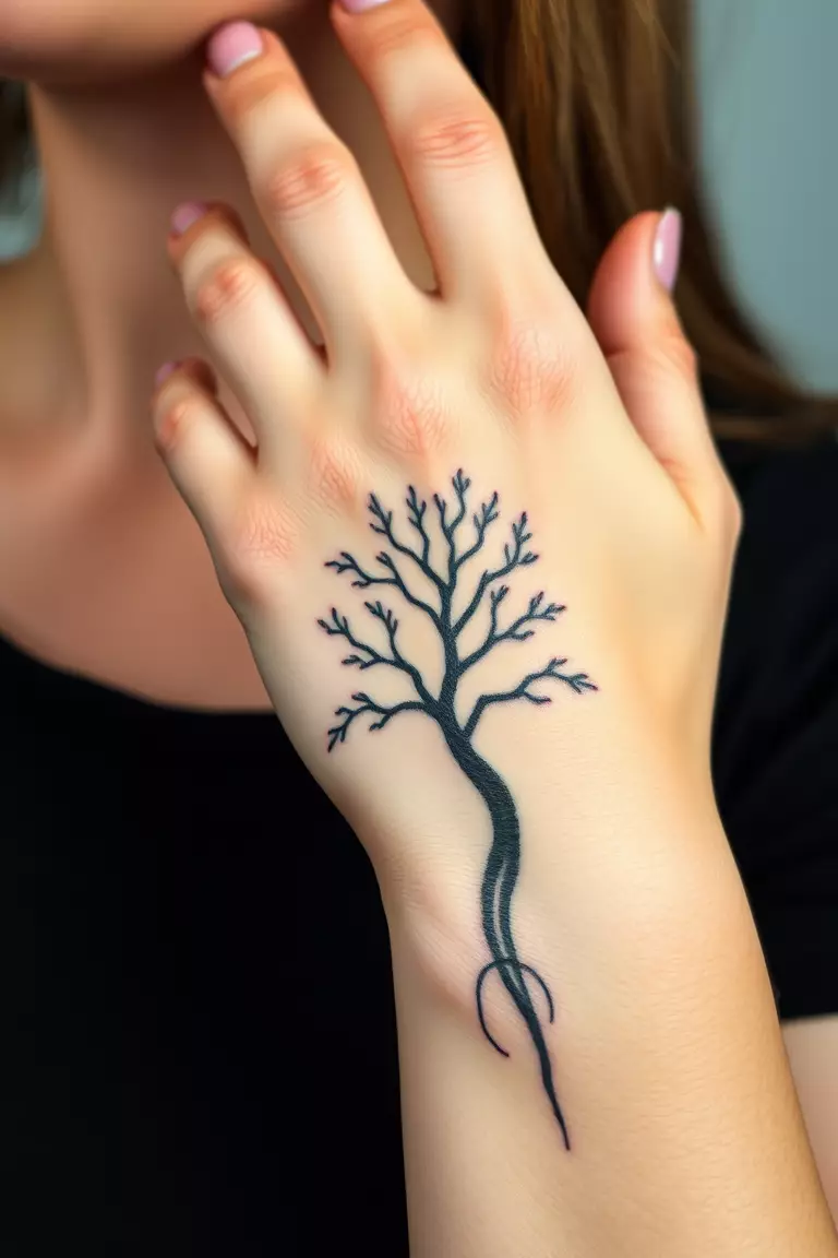 Poison Tree Hand Ink A photo of a woman displaying a poison tree tattoo on her hand.