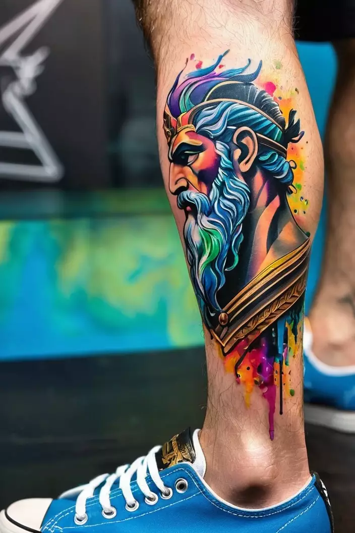 Colorful Zeus Profile Men’s Calf Tattoo A close-up photo of a man showing his colorful Zeus profile men’s calf tattoo, highlighting bright splashes of color and a side view of Zeus.
