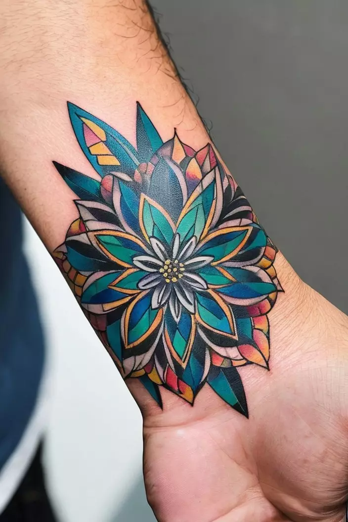 Wrist Floral Geometric Tattoo A close-up photo of a man showing his wrist floral geometric tattoo, featuring delicate floral designs combined with soft geometric shapes on his wrist.