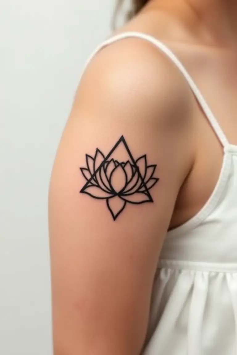 Triangle and Lotus Flower A close-up photo of a woman showing her triangle and lotus flower arm tattoo design.
