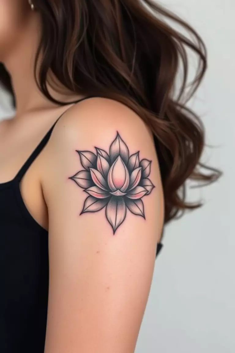 3D Lotus Flower A close-up photo of a woman showing her 3D lotus flower arm tattoo design.