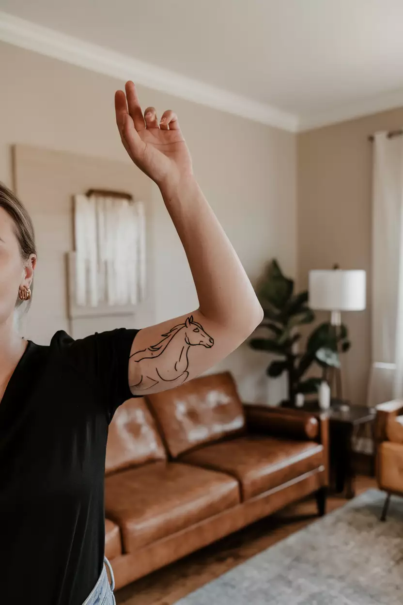 Fineline Minimalistic Horse Forearm Tattoo A photo of a woman with a fineline minimalistic horse forearm tattoo, living room background.