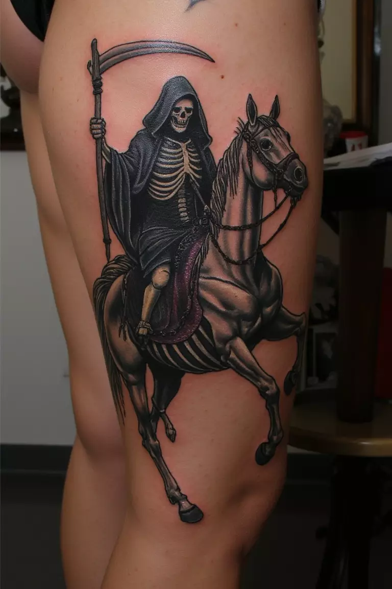 Handpoked Grim Reaper On A Skeleton Horse Tattoo A photo of a woman with a handpoked grim reaper riding a skeleton horse tattoo, living room background.