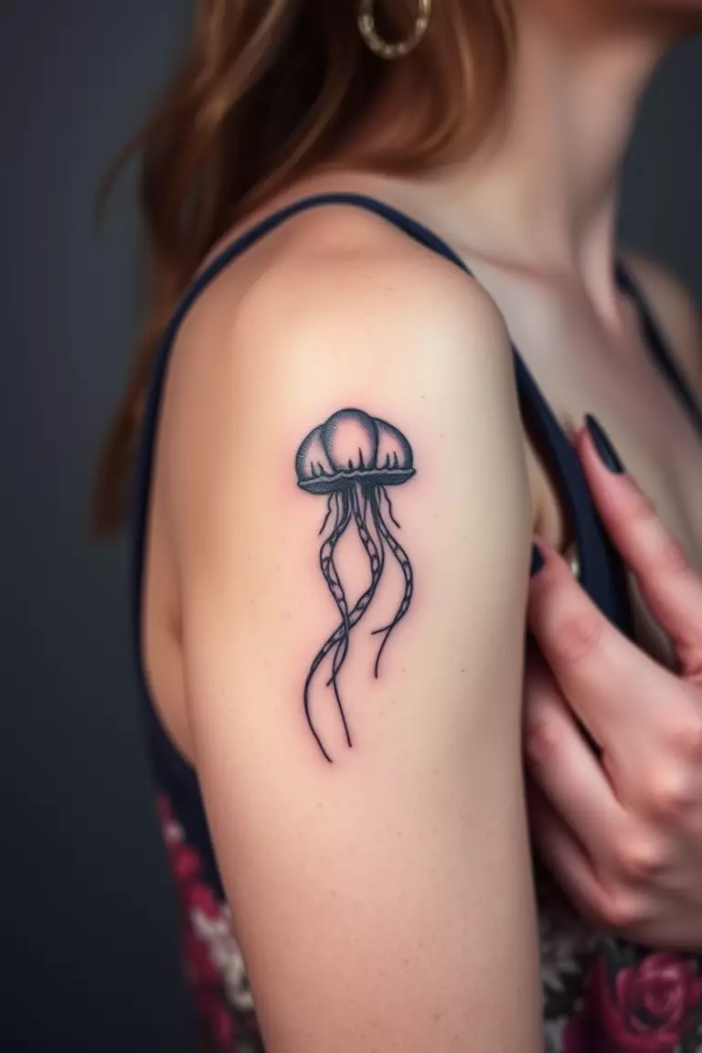 Inner Arm Jellyfish Tattoo A close-up photo of a woman showing her inner arm jellyfish tattoo.