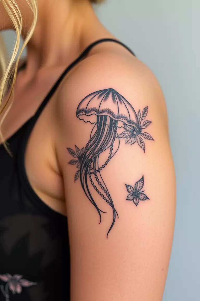 Jellyfish With Floral Elements Tattoo A close-up photo of a woman showing her jellyfish with floral elements tattoo.