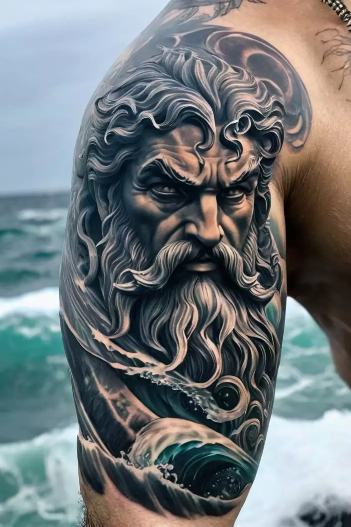 Mythical Poseidon Half-Sleeve Men’s Tattoo A photo of a man with a mythical Poseidon half-sleeve tattoo, displaying a dramatic portrayal of the sea god among waves.