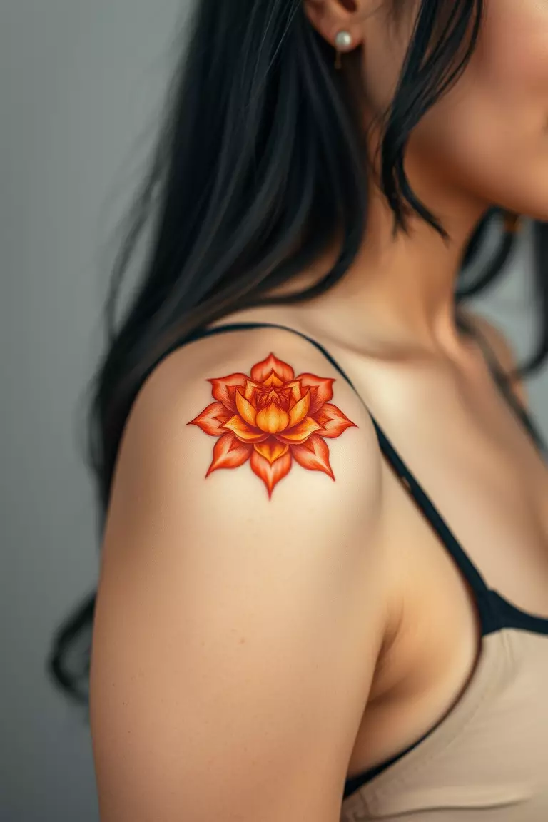 Orange Lotus Flower A close-up photo of a woman showing her orange lotus flower arm tattoo design.