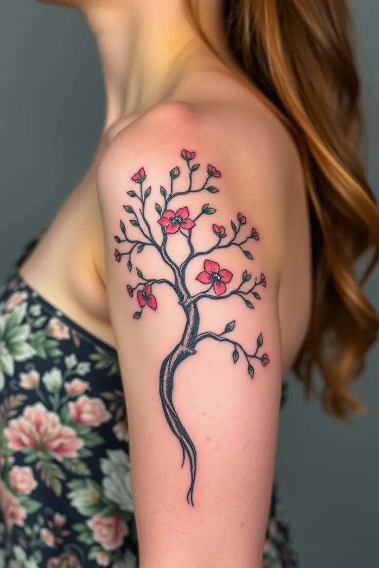 Poison Tree Upper Arm Tattoo A photo of a woman with a poison tree upper arm tattoo, featuring smooth lines and vibrant designs.