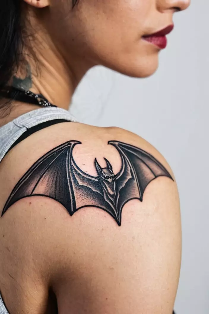 Linework Bat Tattoo on Shoulder A close-up photo of a woman showing her linework bat tattoo on her shoulder, featuring clean and precise outlines.