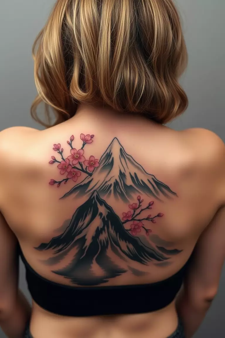 Japanese Style Mountain Tattoo A photo of a woman with a Japanese style mountain tattoo on her back, showcasing cherry blossoms around the peaks.