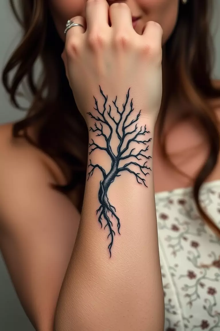 Elegant Poison Tree Tattoo A photo of a woman flaunting an elegant poison tree tattoo on her wrist.