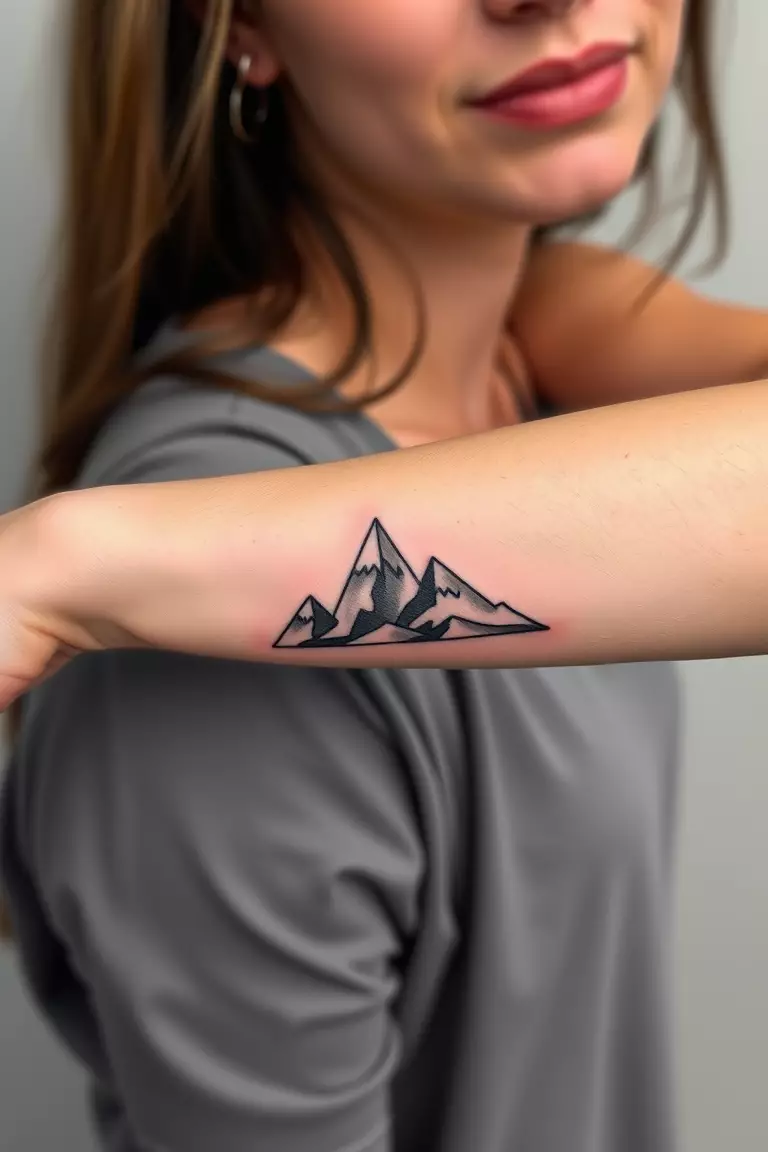 Geometric Mountain Tattoo A photo of a woman with a geometric mountain tattoo on her forearm.