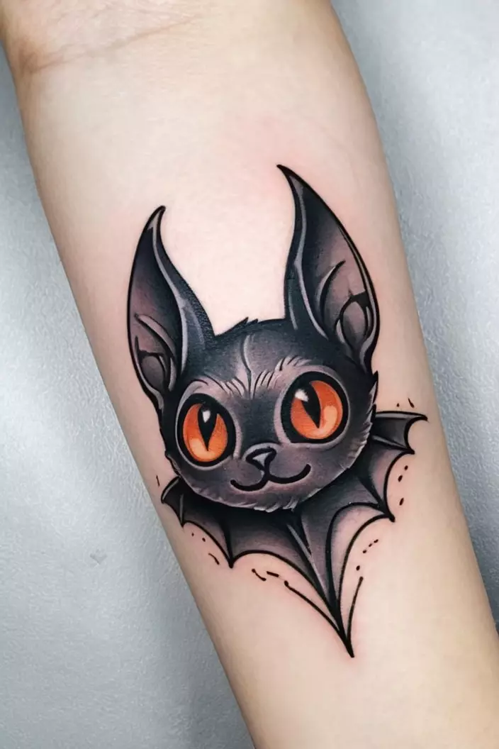 Cute Bat Tattoo With Innocent Eyes A close-up photo of a woman showing her cute bat tattoo with innocent eyes, designed with soft lines, on her forearm.