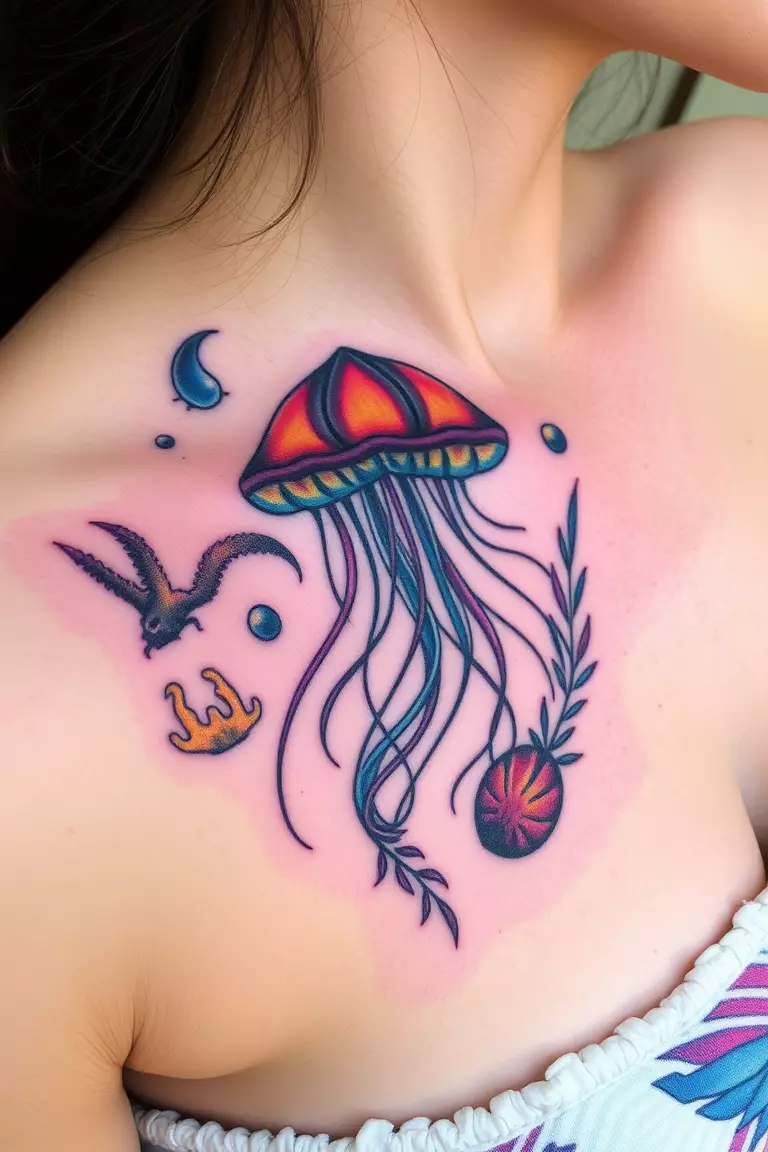 Vibrant Jellyfish With Ocean Life Surroundings Tattoo A close-up photo of a woman showing her vibrant jellyfish with ocean life surroundings tattoo design.