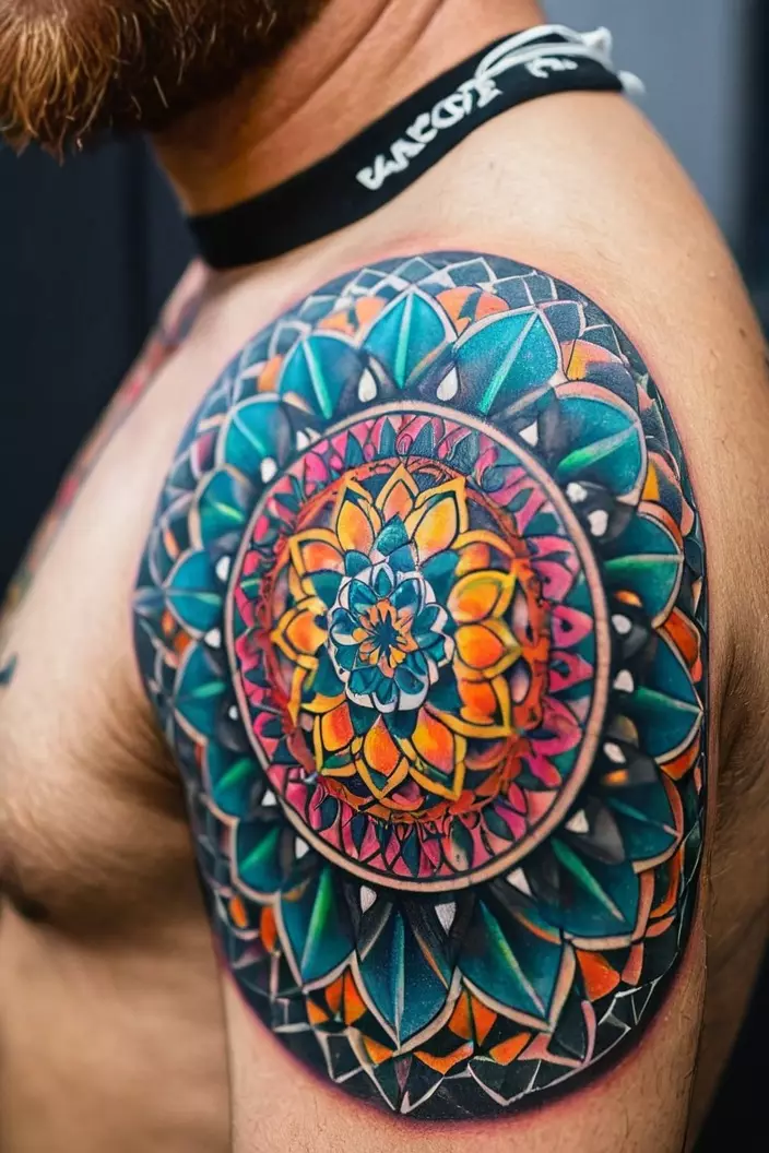 Geometric Mandala Tattoo A close-up photo of a man showing his geometric mandala tattoo, featuring a vibrant mandala design constructed with intricate geometric details.