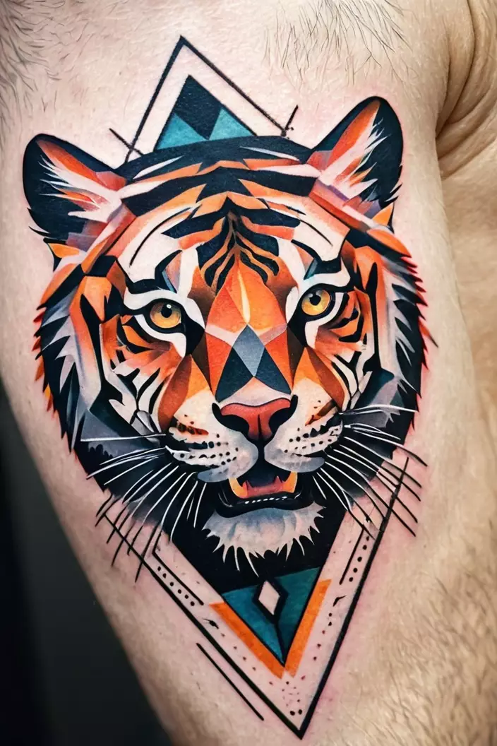 Tiger Geometric Cat Tattoo A close-up photo of a man showing his tiger geometric cat tattoo, illustrating a roaring tiger crafted with bold geometric lines and abstract shapes.