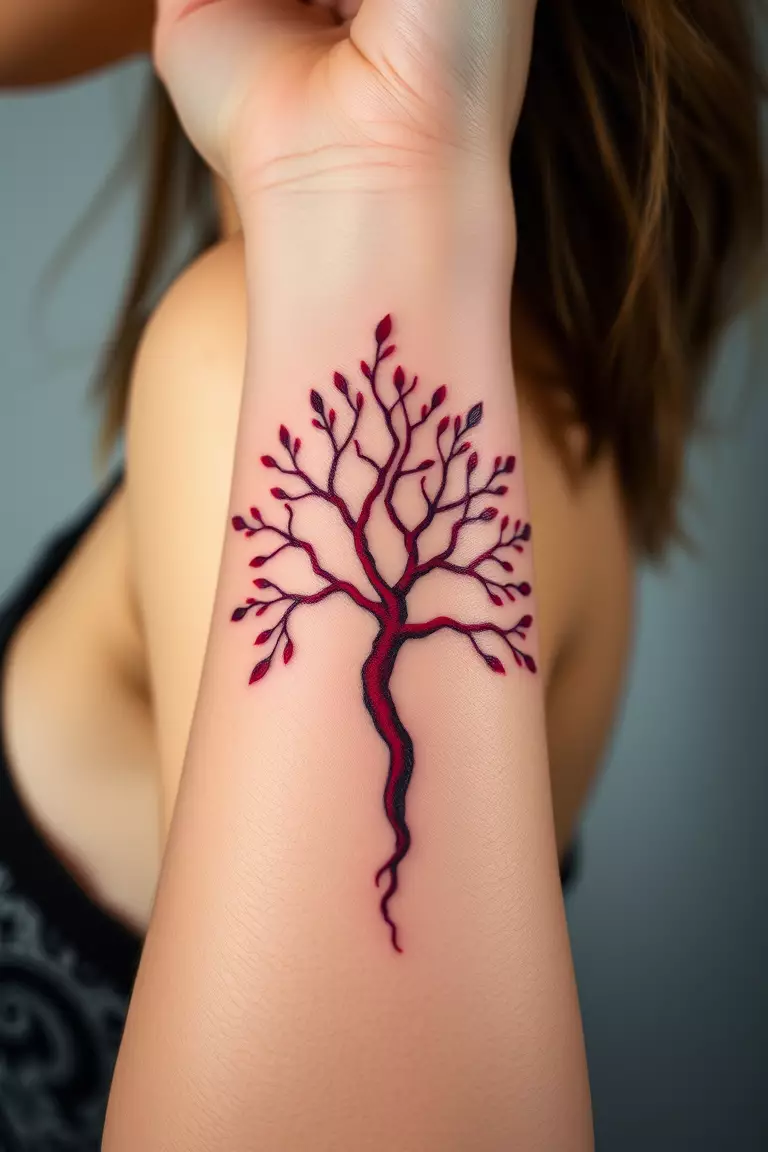 Red Poison Tree Wrist Tattoo A photo of a woman with a striking red poison tree tattoo on her wrist, contrasting beautifully with her skin.