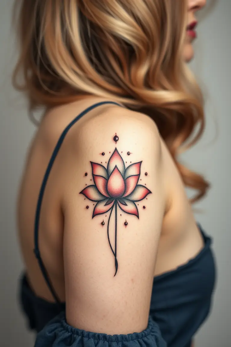 Whimsical Back Lotus Flower A close-up photo of a woman showing her whimsical back lotus flower arm tattoo design.