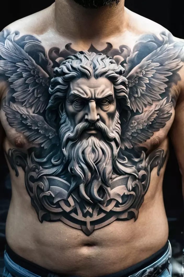 Men's Black and Gray Zeus Chest Tattoo A close-up photo of a man showing his black and gray Zeus chest tattoo, showcasing intricate shading and powerful imagery of Zeus in a classic pose.