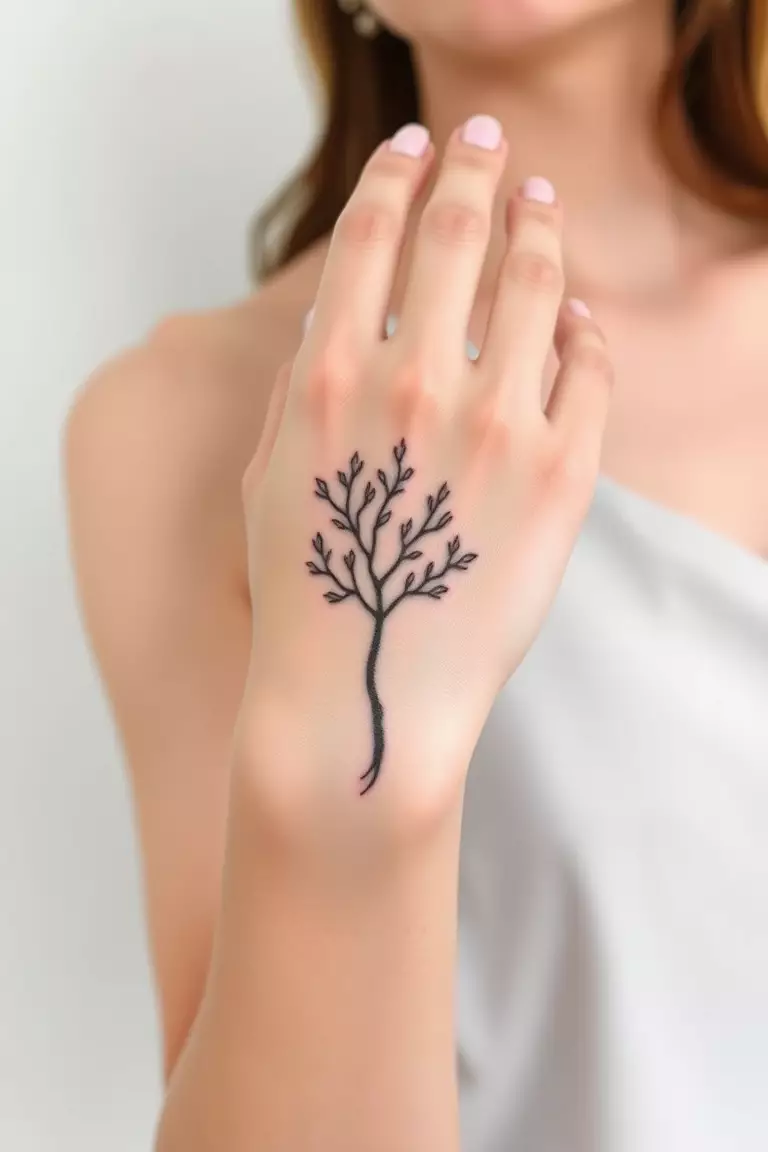 Minimalist Poison Tree Hand Tattoo A photo of a woman showcasing a minimalist poison tree hand tattoo, consisting of simple lines and shapes.