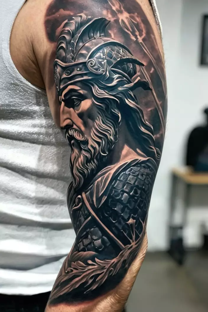 Sculptural Poseidon Men’s Sleeve Tattoo A photo of a man with a sculptural Poseidon men’s sleeve tattoo, representing three-dimensional aspects of the deity in art.
