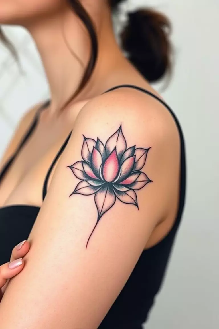 Abstract Lotus Flower A close-up photo of a woman showing her abstract lotus flower arm tattoo design.