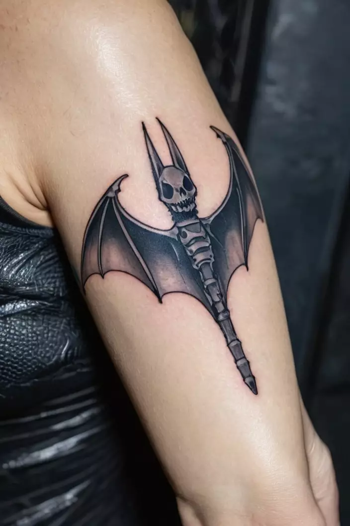 Black and Gray Half Skeletal Bat Tattoo A close-up photo of a woman showing her black and gray half skeletal bat tattoo, revealing the structure, on her arm.