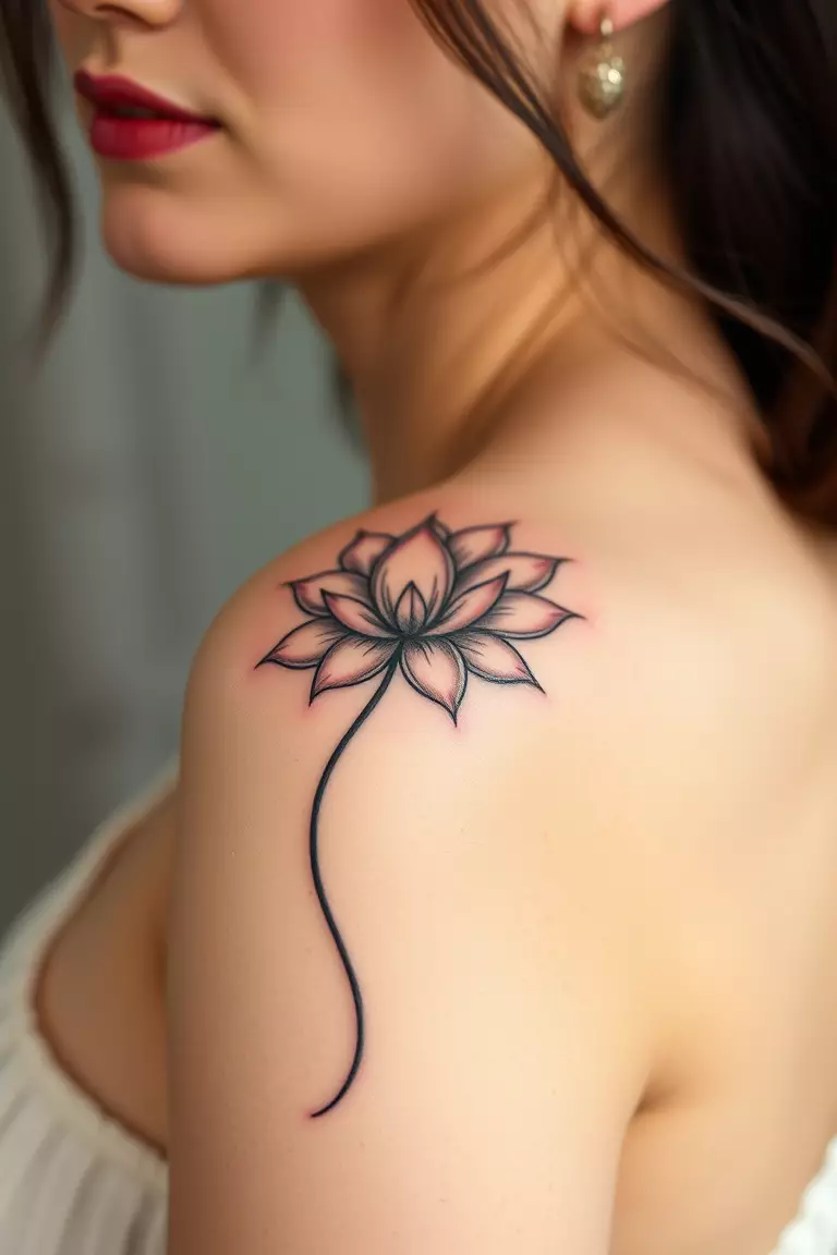 Stemmed Lotus Flower A close-up photo of a woman showing her stemmed lotus flower arm tattoo design.