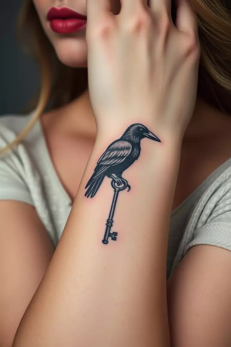 Crow With A Key in Its Beak A photo of a woman showcasing a crow holding a key tattoo on her wrist, symbolizing mystery and secrets.