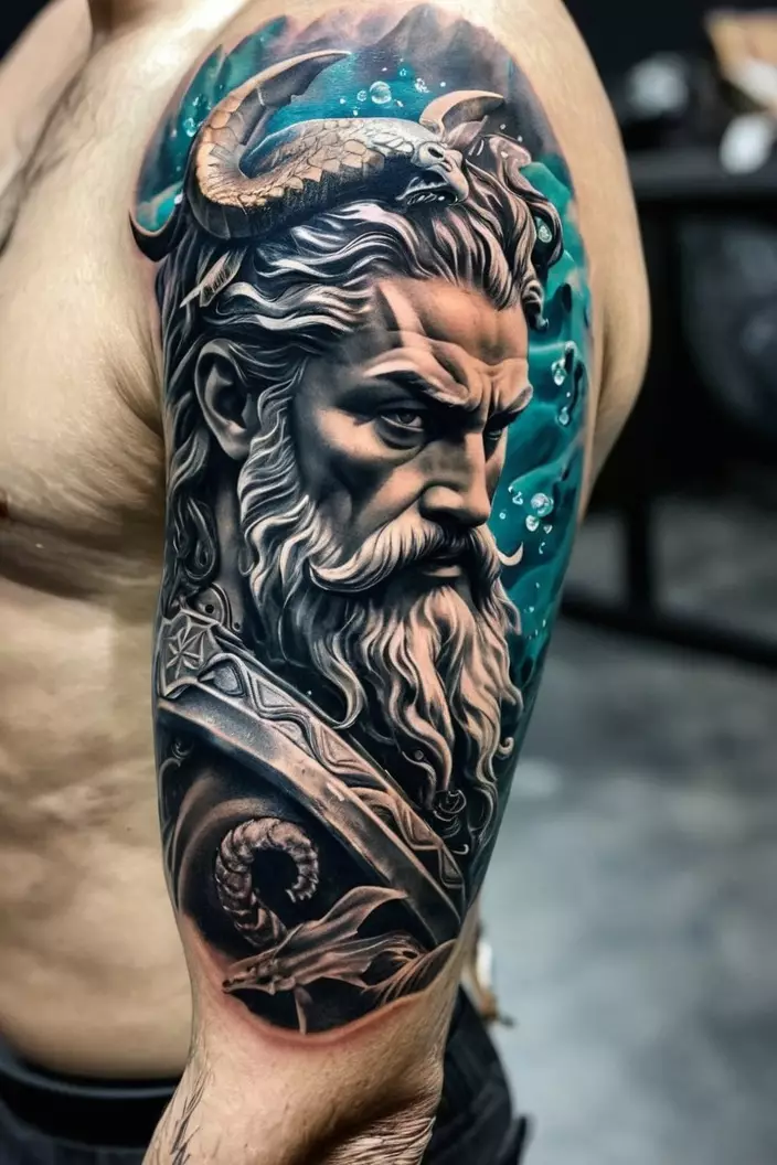 Men's Detailed Poseidon Upper Arm Tattoo A photo of a man with a detailed Poseidon upper arm tattoo, highlighting the god’s fierce expression and surrounding marine life.