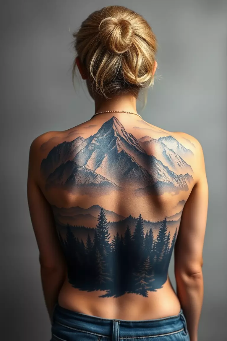 Mountain Tattoo on the Back A photo of a woman with a large mountain tattoo across her back, depicting a vast landscape with forests and clouds.
