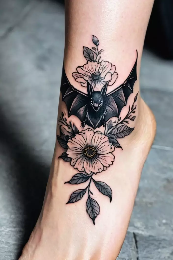 Blackwork Bat Tattoo With Florals A close-up photo of a woman showing her blackwork bat tattoo with florals, combining dark elements with nature on her ankle.