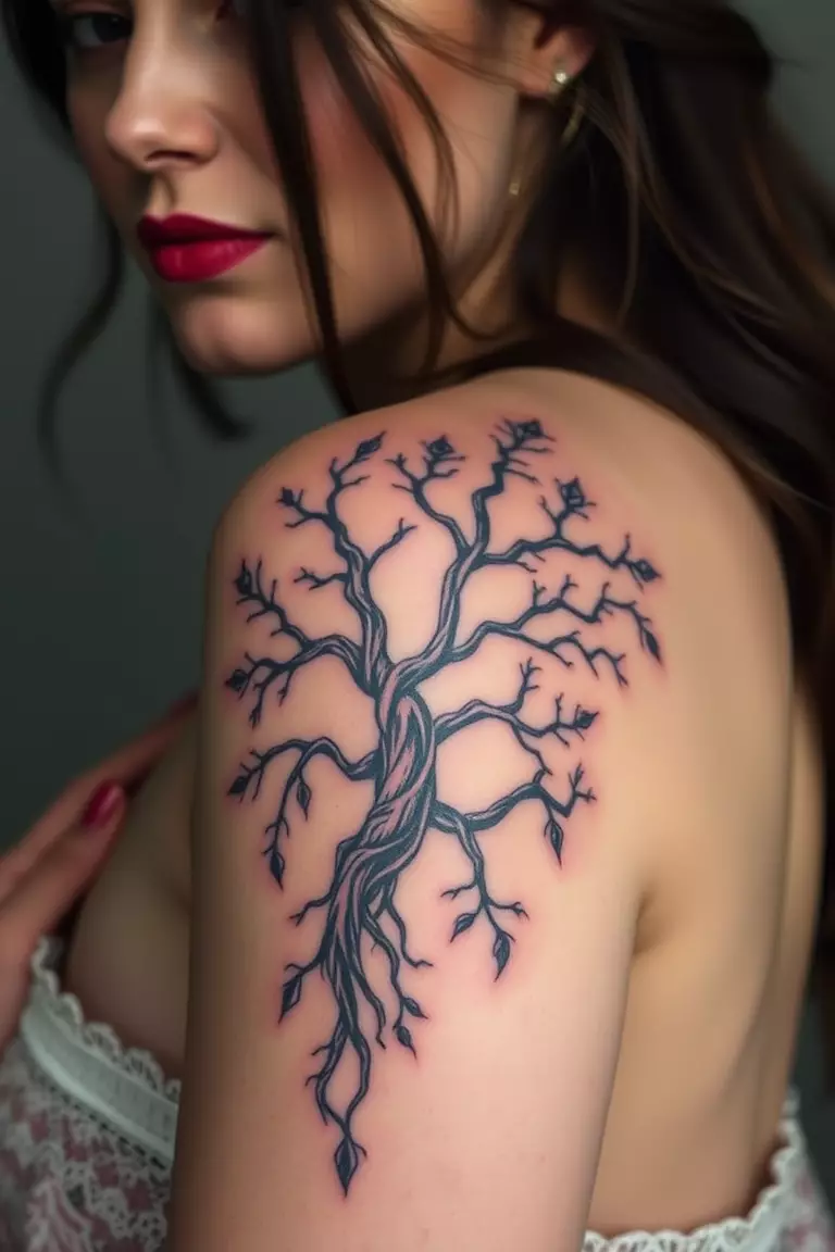 Poison Tree Arm Tat A photo of a woman showcasing a poison tree tattoo on her upper arm, featuring rich details and a mystical aura.