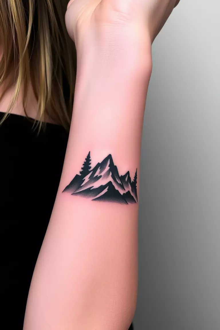 Dark-themed Mountain Tattoo A photo of a woman with a dark-themed mountain tattoo on her forearm, showcasing shadowy silhouettes against a muted backdrop.