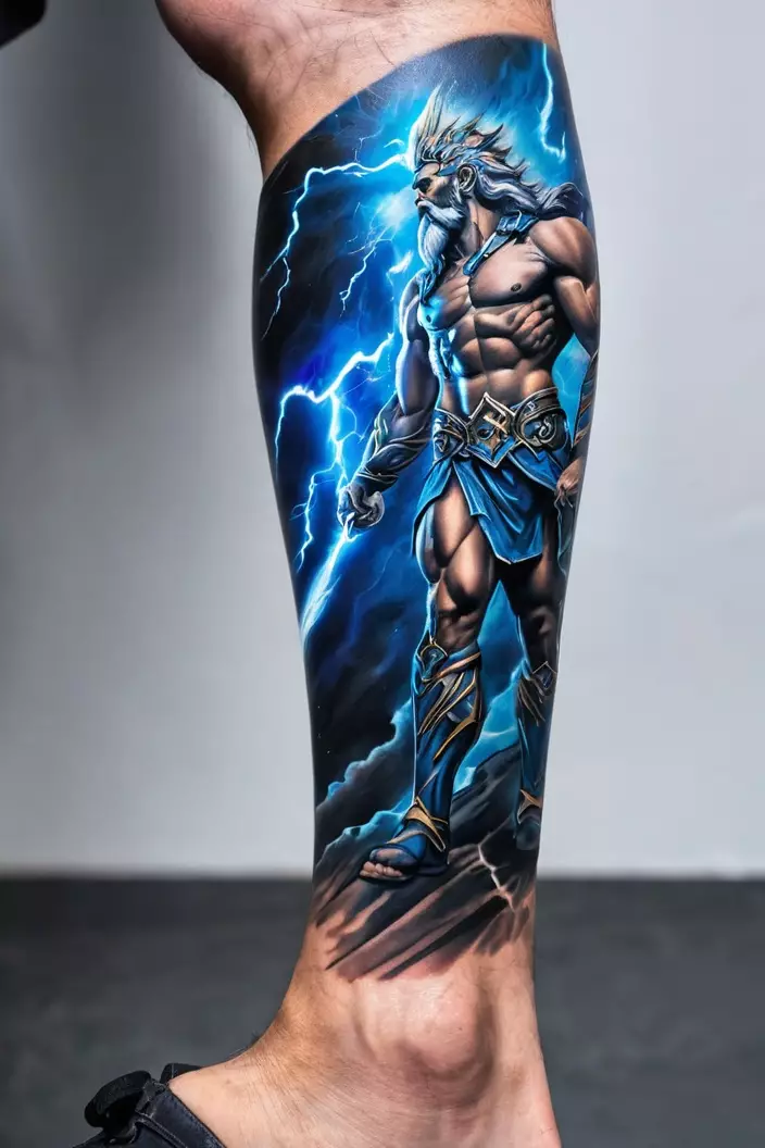 A Vibrant Zeus Leg Sleeve Tattoo For Men A close-up photo of a man showing his vibrant Zeus leg sleeve tattoo, featuring electric blues and striking details of Zeus wielding lightning.