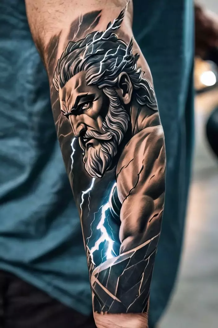 Men's Zeus with Lightning Bolt Arm Tattoo A close-up photo of a man showing his Zeus with lightning bolt arm tattoo, emphasizing the dramatic effect of the lightning strike alongside Zeus.